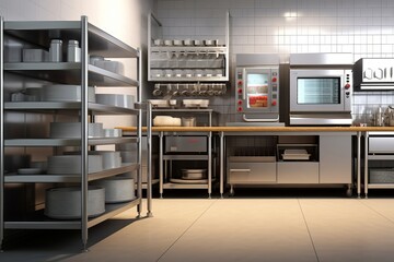 Commercial, professional bakery kitchen and stainless steel convection, deck oven, freezer, refrigerator, kneading machine, table, cabinet, bread, bun, Generative AI