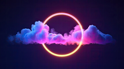background with glowing lights, 3d render, abstract cloud illuminated with neon light ring on dark night sky. Glowing geometric shape, round frame - obrazy, fototapety, plakaty