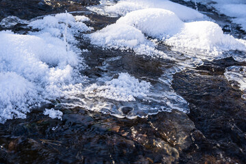 Frozen ice and snow on the river bank. Frozen river - circle close-up. The swift flow of the cold purest mountain river rushes over the stones. The concept of winter, cold weather and spring snowmelt.