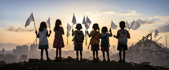 silhouette of sadness child looking the city destroyed by the earthquake or war at sunset, his hand held a large, fluttering white flag