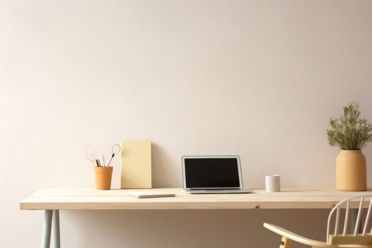 Home office, creative desk with office supplies and beige wall, Generative AI