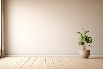 Empty room interior background, beige wall, pot with plant, wooden flooring 3d rendering, Generative AI