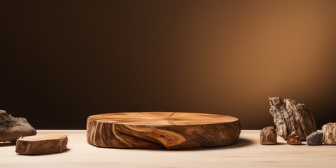 Background for products cosmetics, food or jewellery. Rustic wood pieces podium. Front view, Generative AI