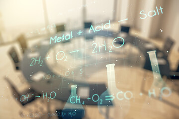 Creative chemistry hologram on a modern boardroom background, pharmaceutical research concept....