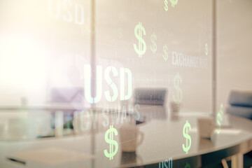 Double exposure of virtual USD symbols hologram on a modern meeting room background. Banking and investing concept