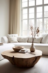 Fototapeta na wymiar Live edge coffee table made from tree stump near white fabric sofa. Scandinavian interior design of modern living room. Generative AI