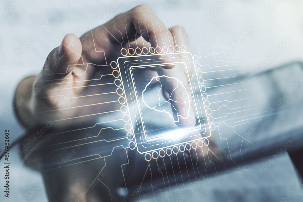 Poster double exposure of creative artificial intelligence symbol with finger clicks on a digital tablet on