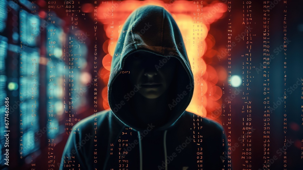 Fototapete Computer hacker silhouette of hooded man with binary data and network security terms computer crime, data