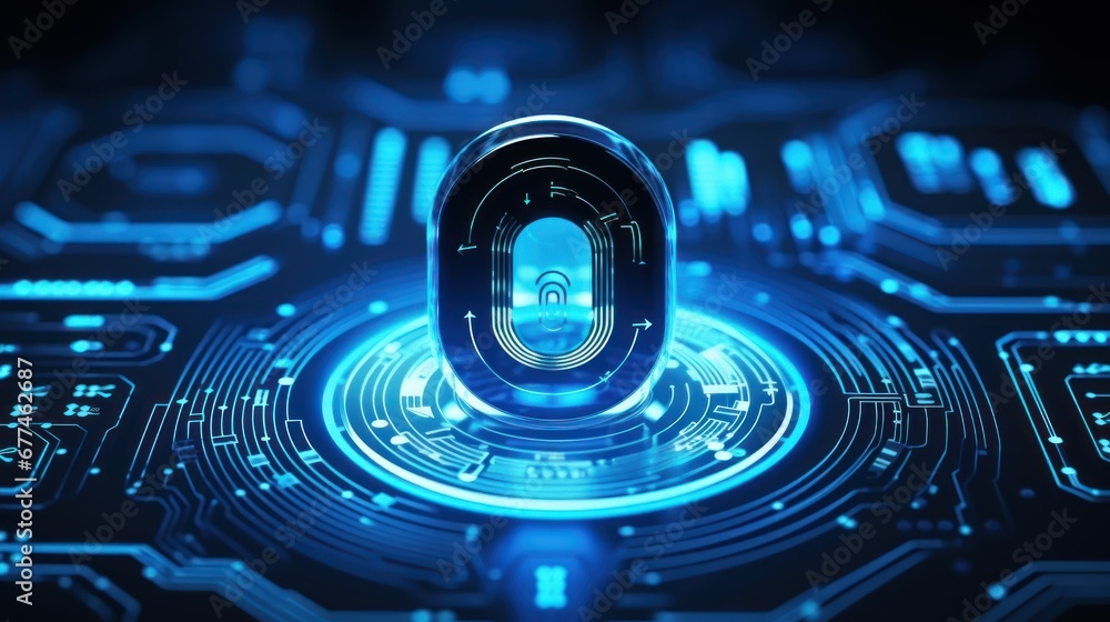 Poster Cyber security network. Technology background animated cyber security system padlock with fingerprint icon.computer crime.
