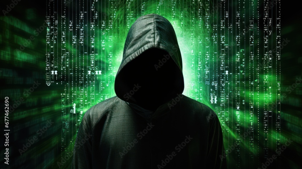 Leinwandbilder Computer hacker silhouette of hooded man with binary data and network security terms computer crime, data