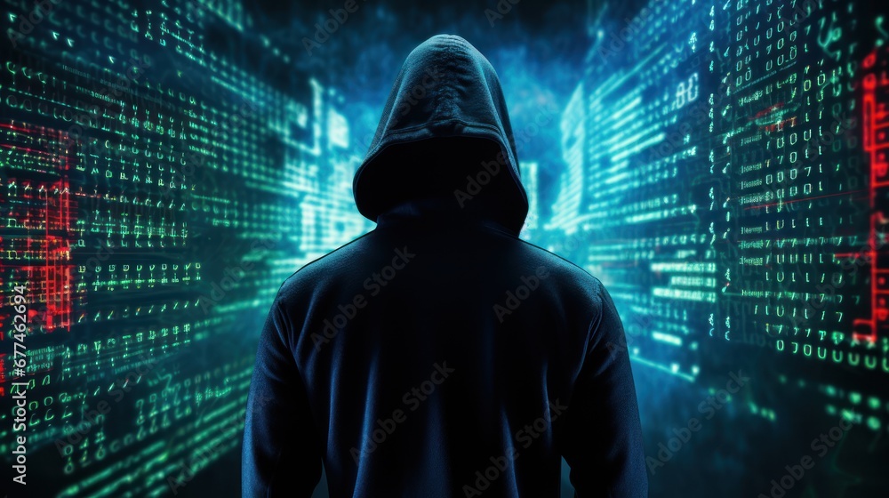 Fototapete Computer hacker silhouette of hooded man with binary data and network security terms computer crime, data