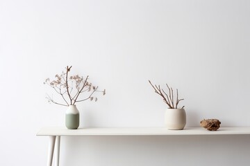 Empty desk, white table with minimal vase with a decorative dried branches against white wall, Generative AI