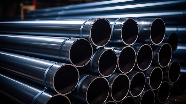 stack of metal pipes, Galvanized steel pipe or Aluminum and chrome stainless pipes in stack waiting for shipment in warehouse