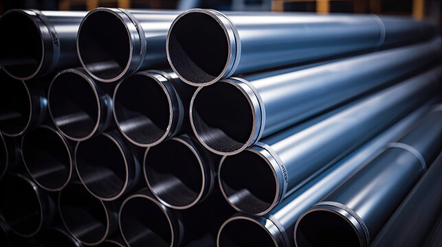 stack of metal pipes, Galvanized steel pipe or Aluminum and chrome stainless pipes in stack waiting for shipment in warehouse