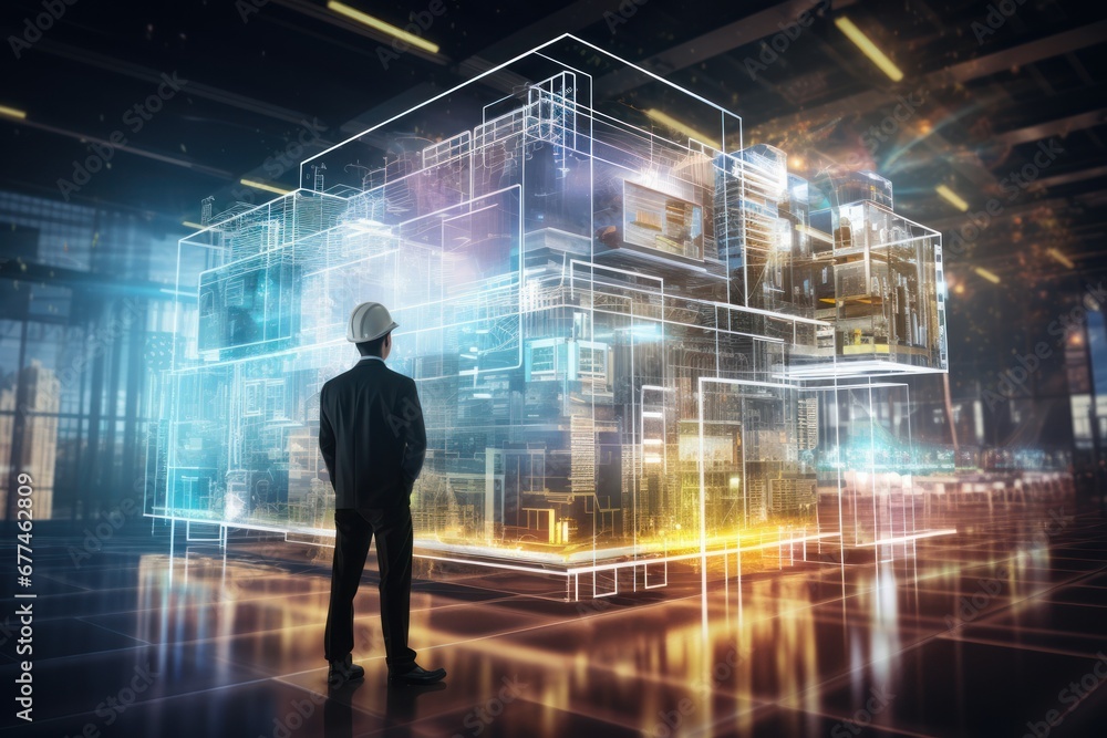 Fototapete future building construction and inventive engineering project concept with hud hologram graphic des