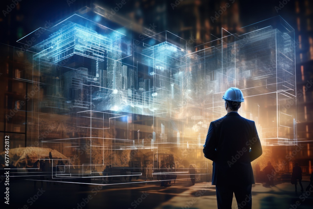 Aufkleber future building construction and inventive engineering project concept with hud hologram graphic des