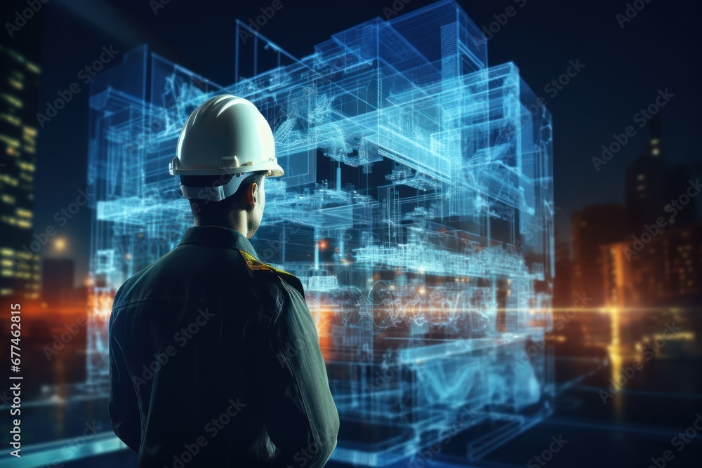 Fototapete future building construction and inventive engineering project concept with hud hologram graphic des