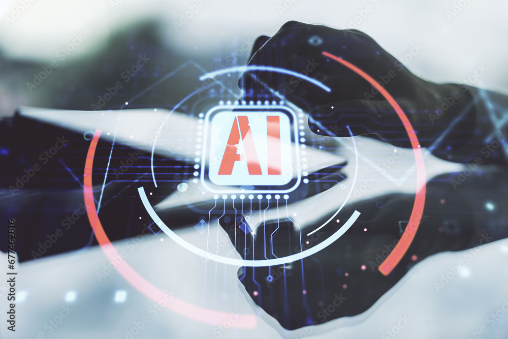 Poster double exposure of creative artificial intelligence abbreviation and hand working with a digital tab