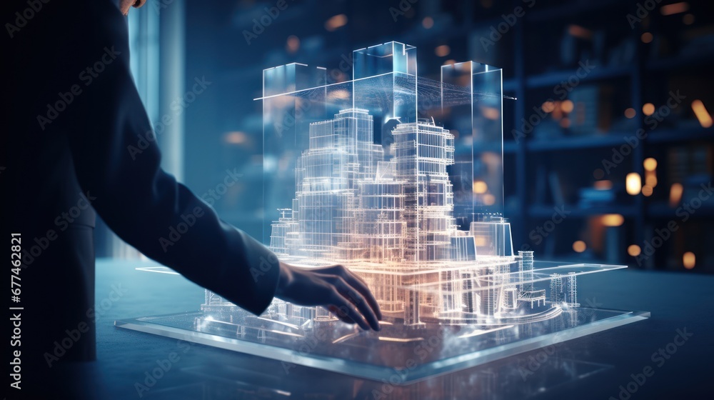 Poster Future building construction and inventive engineering project concept with HUD hologram graphic design. Building engineer,