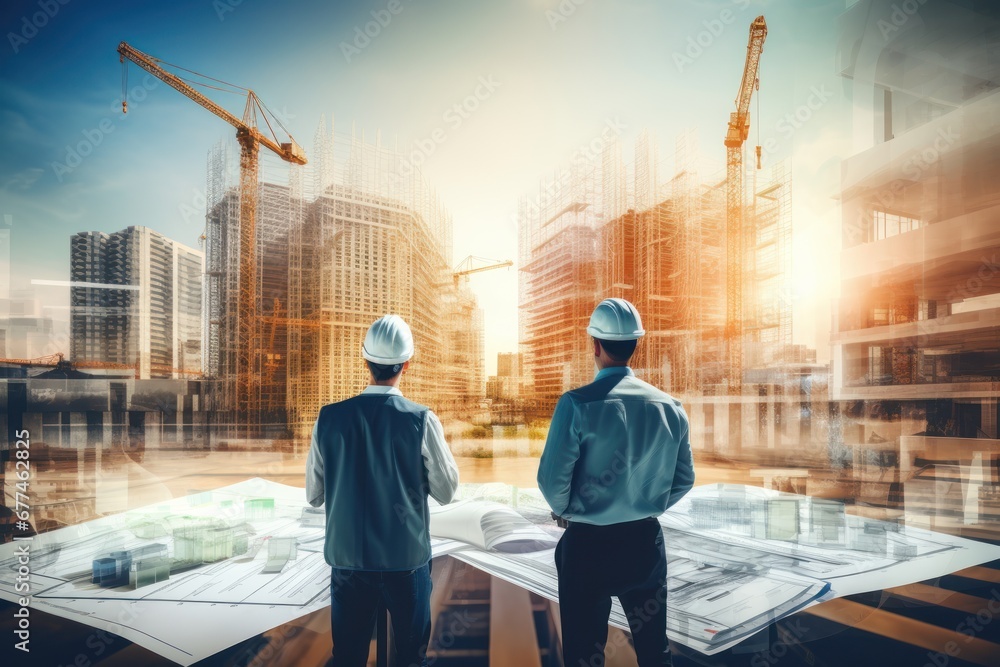 Aufkleber Future building construction engineering project concept with graphic design exposure architects or construction workers working with modern civil engineering equipment technology.
