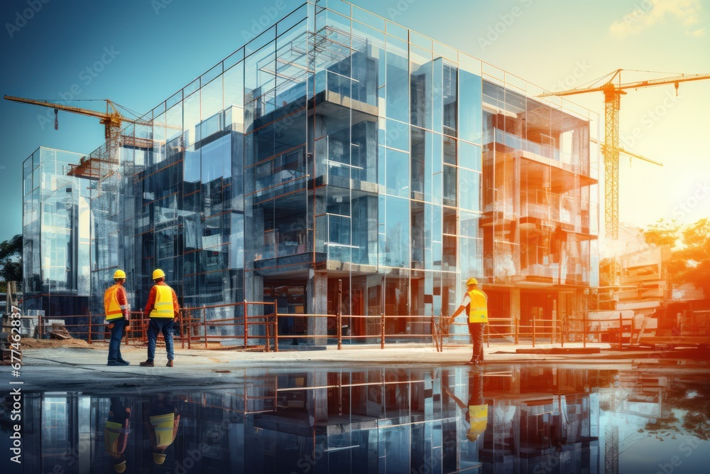Aufkleber Future building construction engineering project concept with graphic design exposure architects or construction workers working with modern civil engineering equipment technology.
