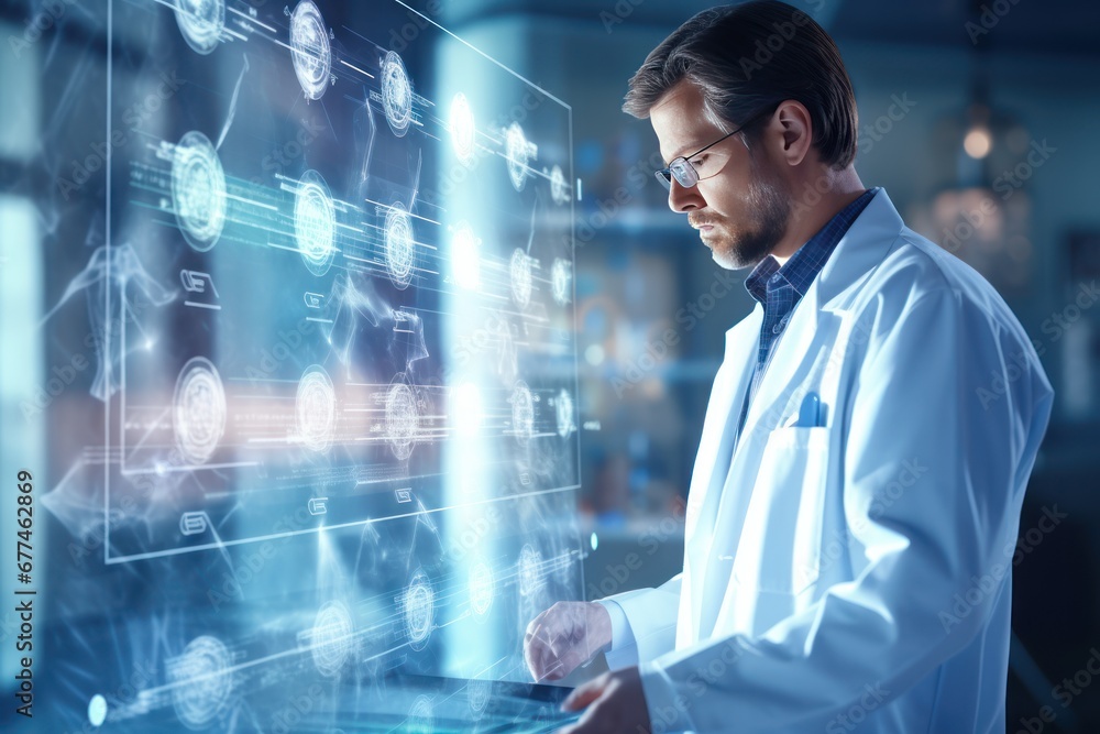 Poster Digital healthcare and network connection on virtual interface, medical technology and innovation concept.