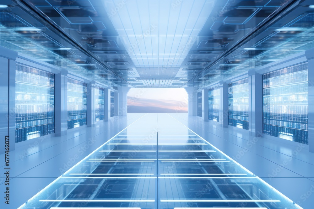 Poster technologist of large data center using laptop standing in warehouse, activating servers