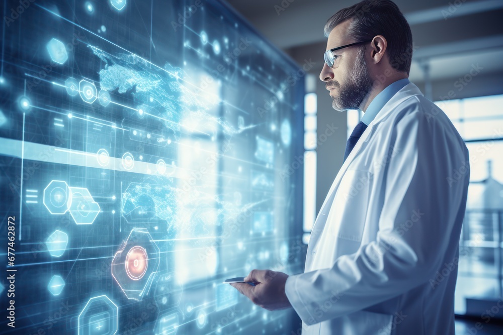 Poster Digital healthcare and network connection on virtual interface, medical technology and innovation concept.