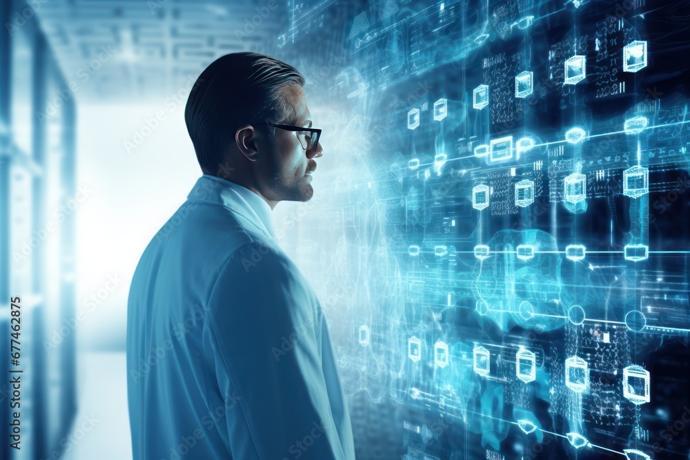Aufkleber digital healthcare and network connection on virtual interface, medical technology and innovation co