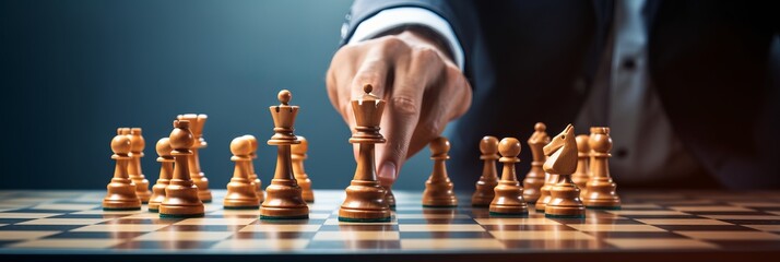 Businessman moving chess piece on chess board game. Banner. 