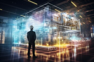 Future building construction and inventive engineering project concept with HUD hologram graphic design. Building engineer,