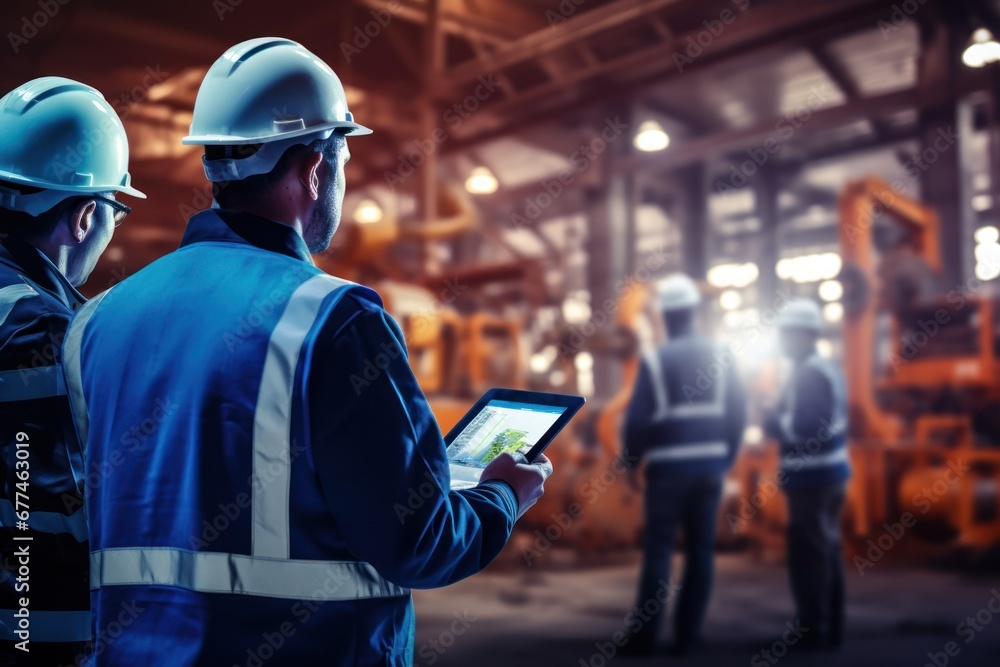 Poster team of two civil engineers or professional technicians in hard helmets using blueprints on digital 