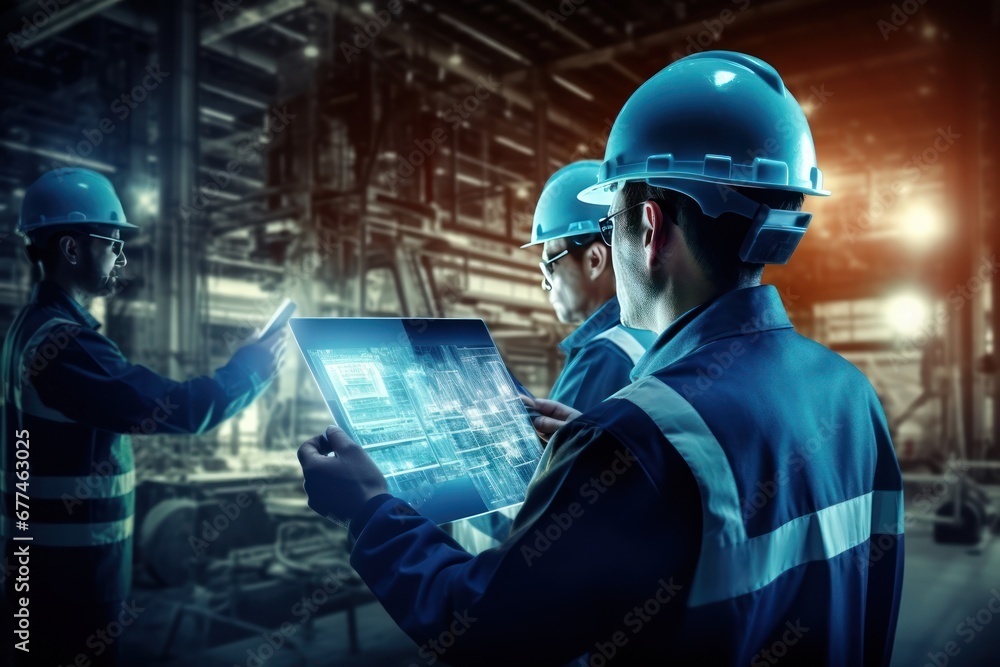 Poster team of two civil engineers or professional technicians in hard helmets using blueprints on digital 