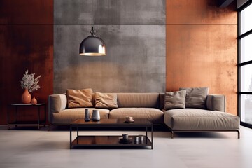 Concrete and with copper decorated wall and brown leather sofa. Interior design of modern living room. Generative AI