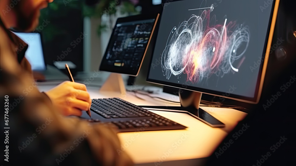 Aufkleber graphic designer work on computer with graphic drawing pen while brainstorming unique design with pr