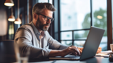 Handsome adult businessman in office with big windows on background. MBA, business education