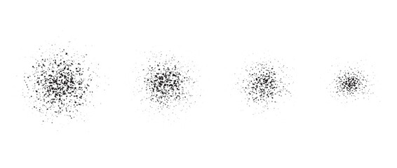 Stippled radial brush stroke set. Grain gradient collection. Grunge sprinkle spray texture. Dirty dust or sand noise round elements. Splattered dots overlay. Grungy splashed stains spots vector pack