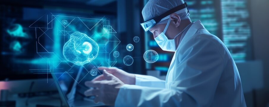 Doctor diagnose and checking brain testing result with computer and AI, robotic on virtual interface in laboratory, innovative technology in science and, Generative AI