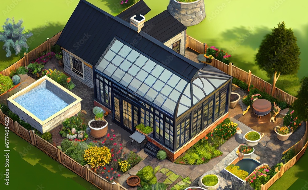 Poster stunning mansion with an oasis-like pool in its center generative ai