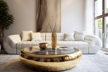 Round golden coffee table in front of white amazing sofa. Interior design of modern living room. Generative AI