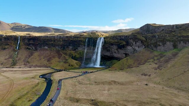 Seljalandsfoss waterfall in Iceland 4K drone footage