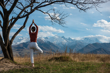 Young woman is practicing yoga in Tree Pose (Vrikshasana) pose at mountain