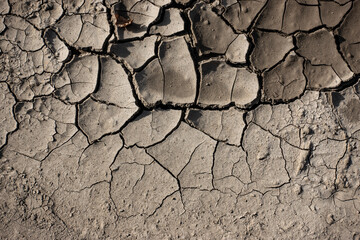 Dry and cracked soil ground during drought, viewed from above