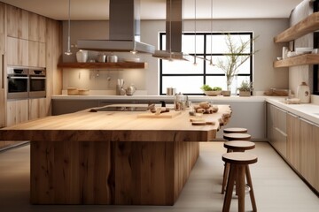 Modern interior design of kitchen with solid wood island and rustic stools near it. Generative AI