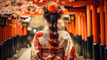 living in the traditional way. A woman in kimono - obrazy, fototapety, plakaty