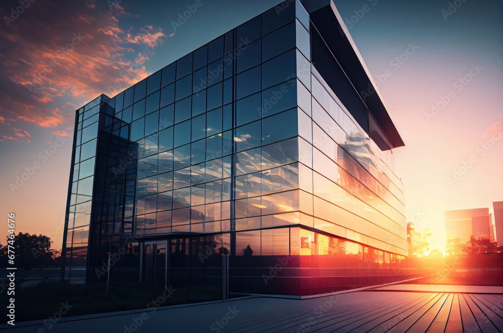 Poster glowing tower of glass reflecting the setting sun's warmth and generative ai