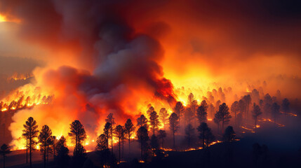 fire in the forest with huge smoke, Terrible forest fires, annual natural disasters. Forests are burning and all trees are on fire, trunks are charred, ground is scorched