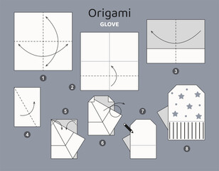 Glove origami scheme tutorial moving model. Origami for kids. Step by step how to make a cute origami glove. Vector illustration.