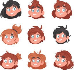 Big Set of faces of cute and cheerful girls. Cartoon style