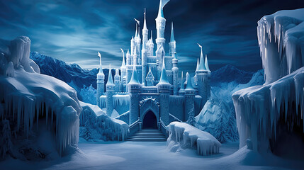 Magic Ice Castle with snow. Fantasy snowy landscape. Winter castle on the mountain, winter forest. Digital art, icicles on the roof of the house - obrazy, fototapety, plakaty